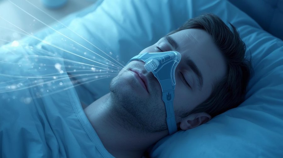 Person experiencing sleep apnea symptoms with CPAP mask nearby showing modern treatment options
