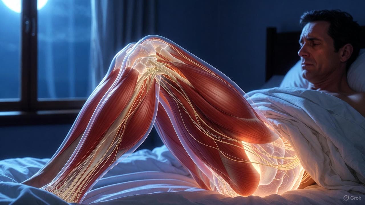 Person experiencing restless legs syndrome symptoms at night in bed