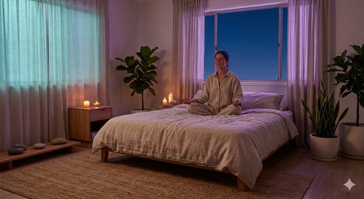 Person meditating peacefully in bedroom with soft lighting, representing spirituality and sleep connection
