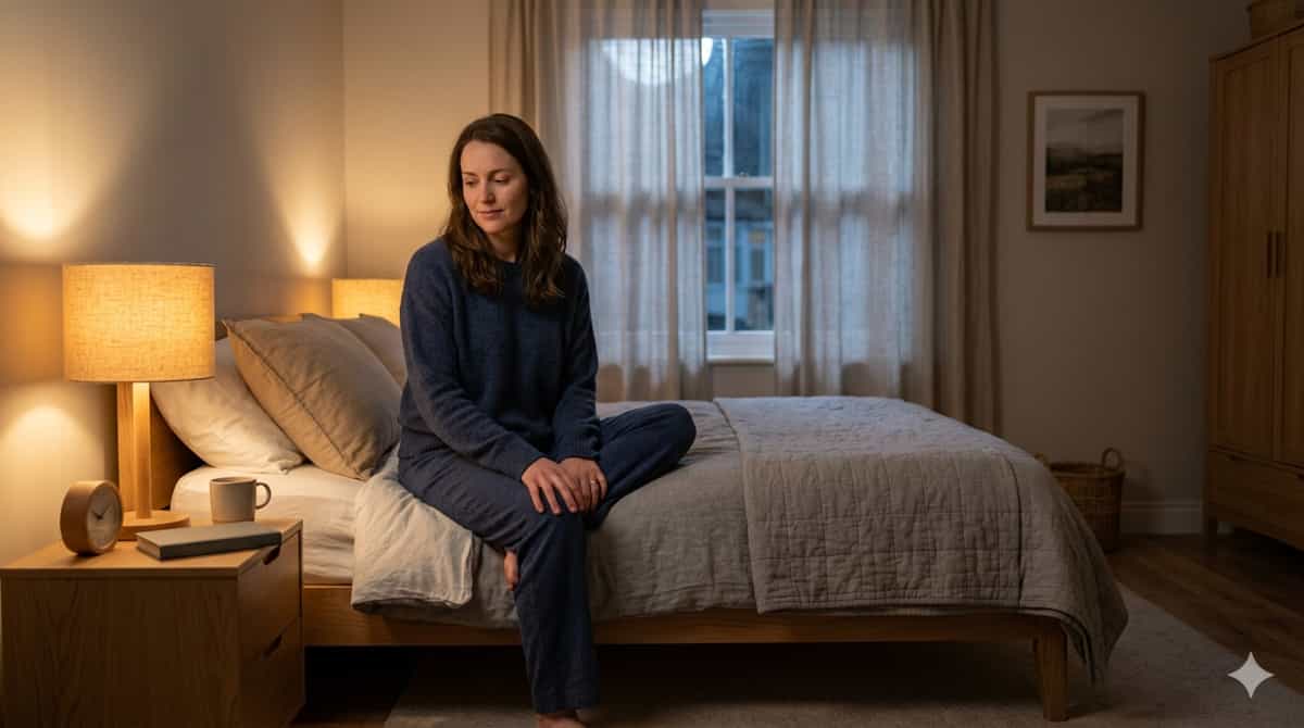 Person sitting calmly in bed at night, representing the CBT-I sleep therapy approach for chronic insomnia
