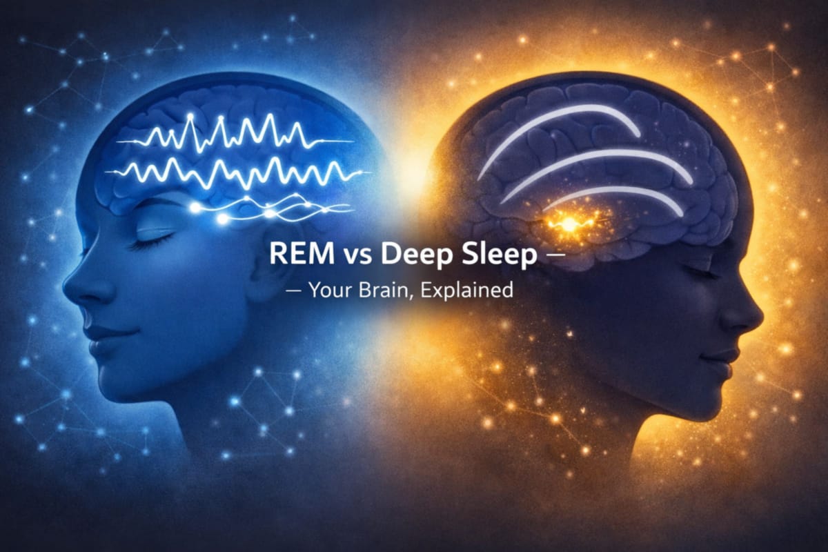 REM vs deep sleep — split brain diagram showing active REM and quiet deep sleep states (educational)