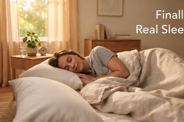 Person sleeping peacefully in a softly lit bedroom after completing CBT-I for insomnia — hopeful, calm, and finally rested