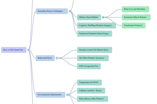 How to fall asleep fast mind map — visual overview of sleep onset techniques, arousal types, and science-backed methods by ZenSleepZone