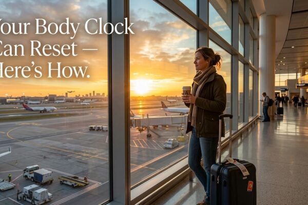 Tired traveler checking watch at a bright airport window after a long-haul international flight — jet lag recovery begins at landing.