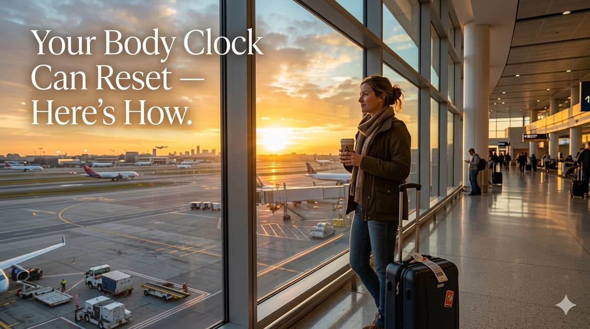 jet lag recovery — traveler checking watch at airport window after long-haul flight (exhausted)