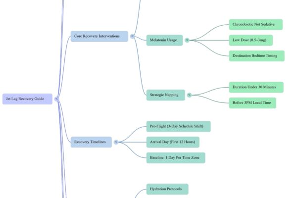 Jet lag recovery interactive mind map showing 7 evidence-based areas from circadian science to personalized recovery protocols.