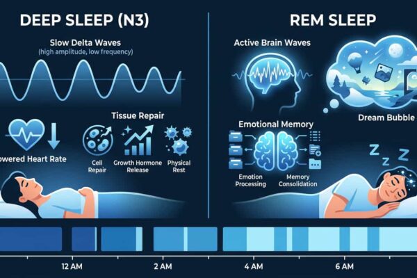 REM vs deep sleep comparison — illuminated brain showing active REM state alongside quiet deep sleep wave pattern, educational sleep science