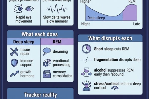 Infographic comparing REM sleep and deep sleep N3 — covering brain states, timing in night, normal percentages by age group, deficiency symptoms, and improvement strategies.