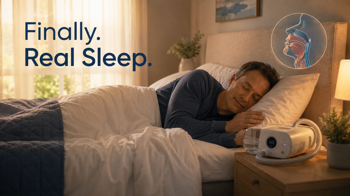 Sleep apnea guide — person sleeping with visible airway diagram (educational)