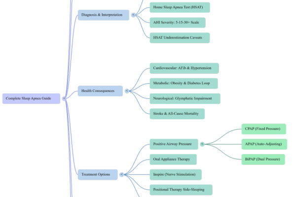 Sleep apnea guide interactive mind map showing symptoms, diagnosis, treatment options, and health consequences — navigable evidence-based pathway tool.