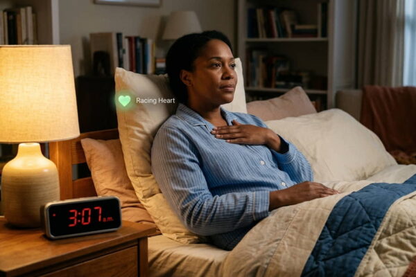 Person sitting up in bed at 3am with anxiety — phone showing 3:07am, hand on chest, searching for answers in the dark