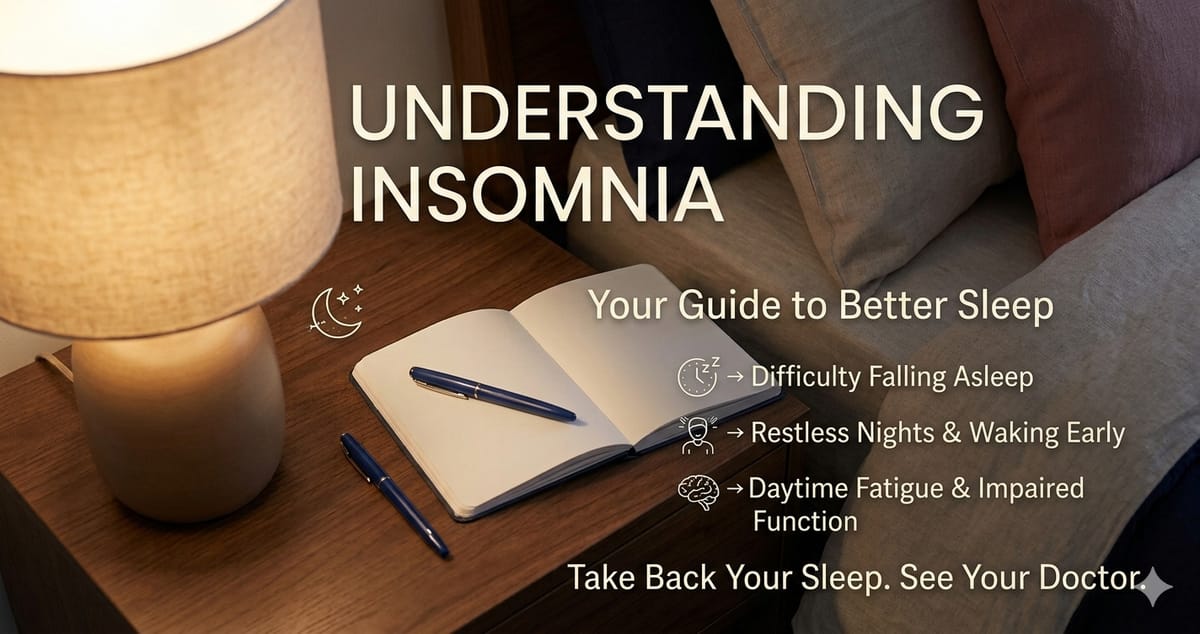Softly lit bedroom at night, bed slightly rumpled, bedside lamp on low, no clock visible, suggesting quiet wakefulness