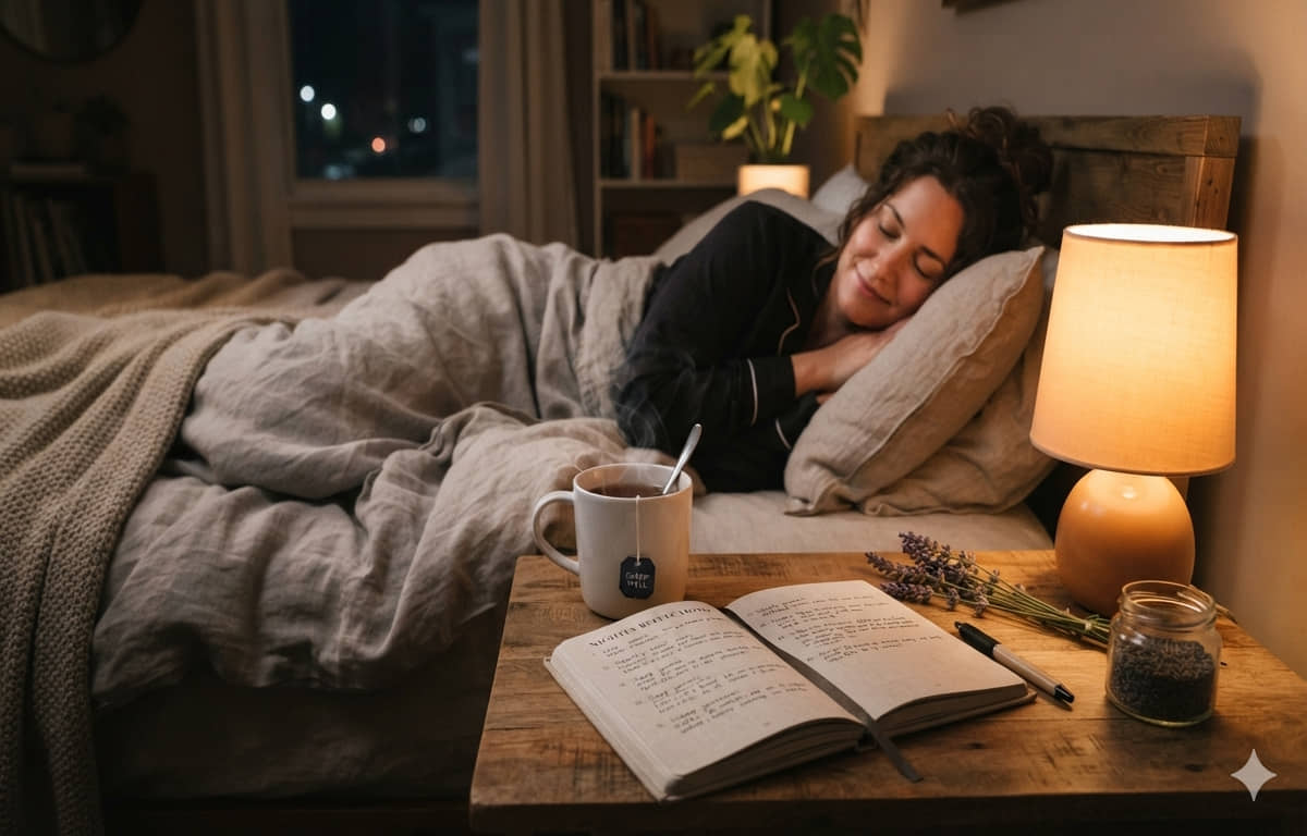 Natural insomnia treatment — person awake at 2am in a dark bedroom, soft bedside clock visible