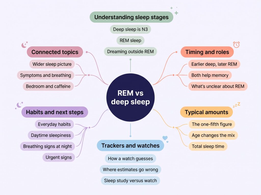 REM vs deep sleep mind map linking sleep stages, timing, amounts, trackers, habits and connected topics
