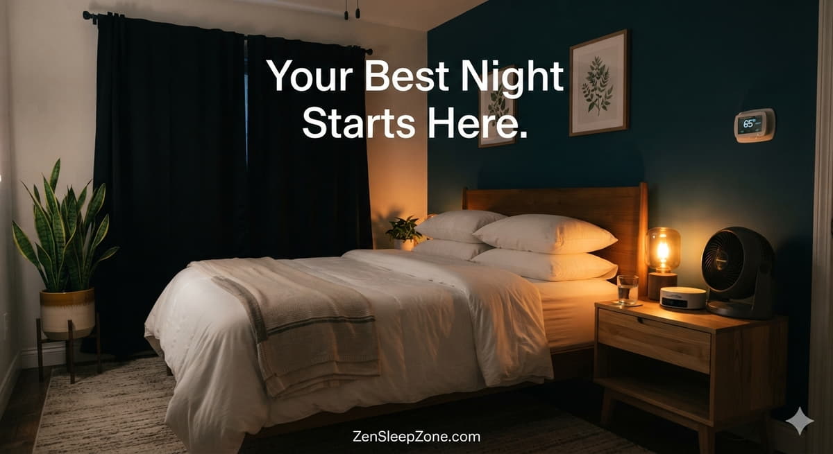 Sleep environment setup — optimized bedroom with blackout curtains and soft lighting (calm)