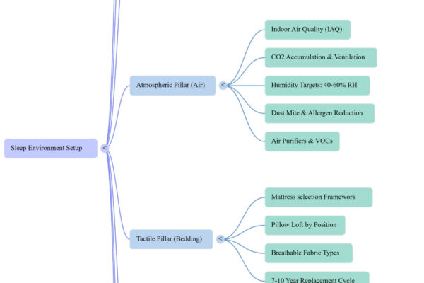 Sleep environment setup mind map diagram — seven pillars temperature, light, noise, air, bedding, psychology and demographics for optimizing sleep