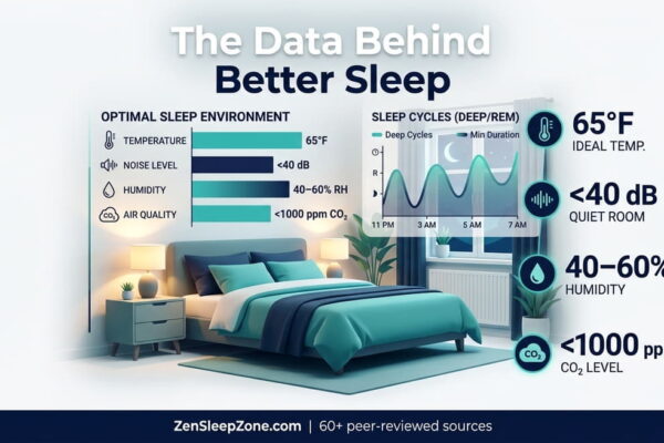 Sleep environment setup statistics chart — bedroom temperature, CO2, noise, humidity and light data points from peer-reviewed sleep research studies