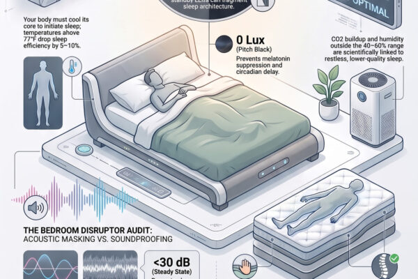 Sleep environment setup infographic — five pillars temperature 60-67F, darkness, noise under 40dB, humidity 40-60% and matched bedding with priority