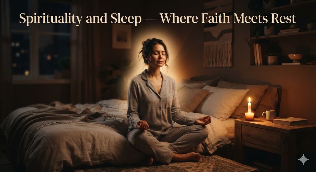 Spirituality and sleep — person meditating by candlelight at bedtime (peaceful)