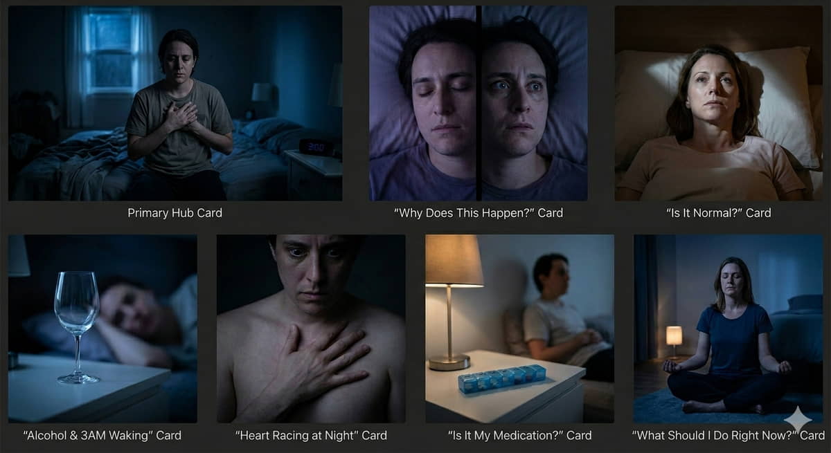 Wake up at 3am with anxiety — person lying awake in dark bedroom staring at ceiling (distressed)