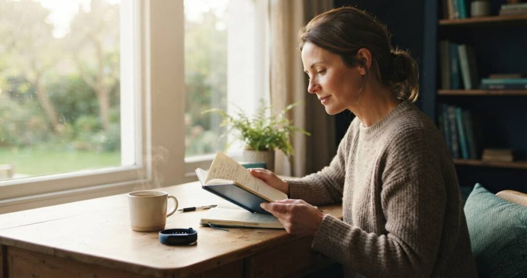 Adult at a bright desk reading a sleep notebook, showing where to start with REM vs deep sleep without score pressure