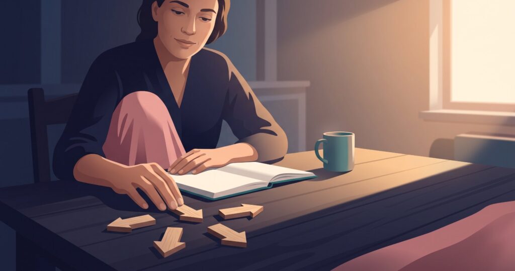 Where to start with a sleep apnea guide: a person choosing between path markers at a morning table.