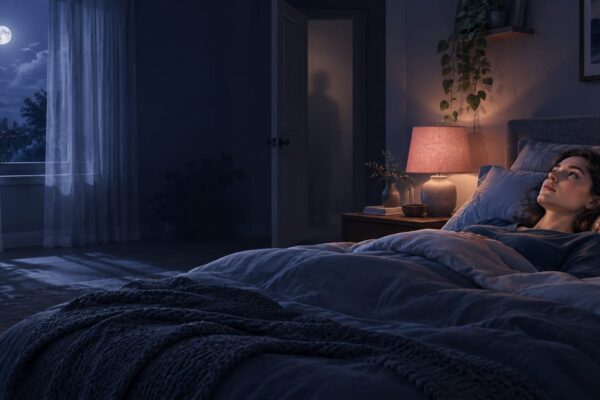 Person lying awake on their back in a moonlit bedroom at dawn, eyes open, a soft shadow near the doorway