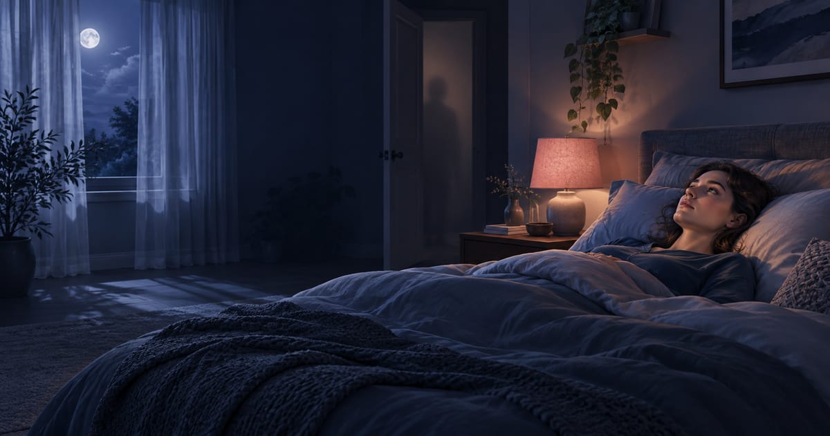 Person lying awake on their back in a moonlit bedroom at dawn, eyes open, a soft shadow near the doorway